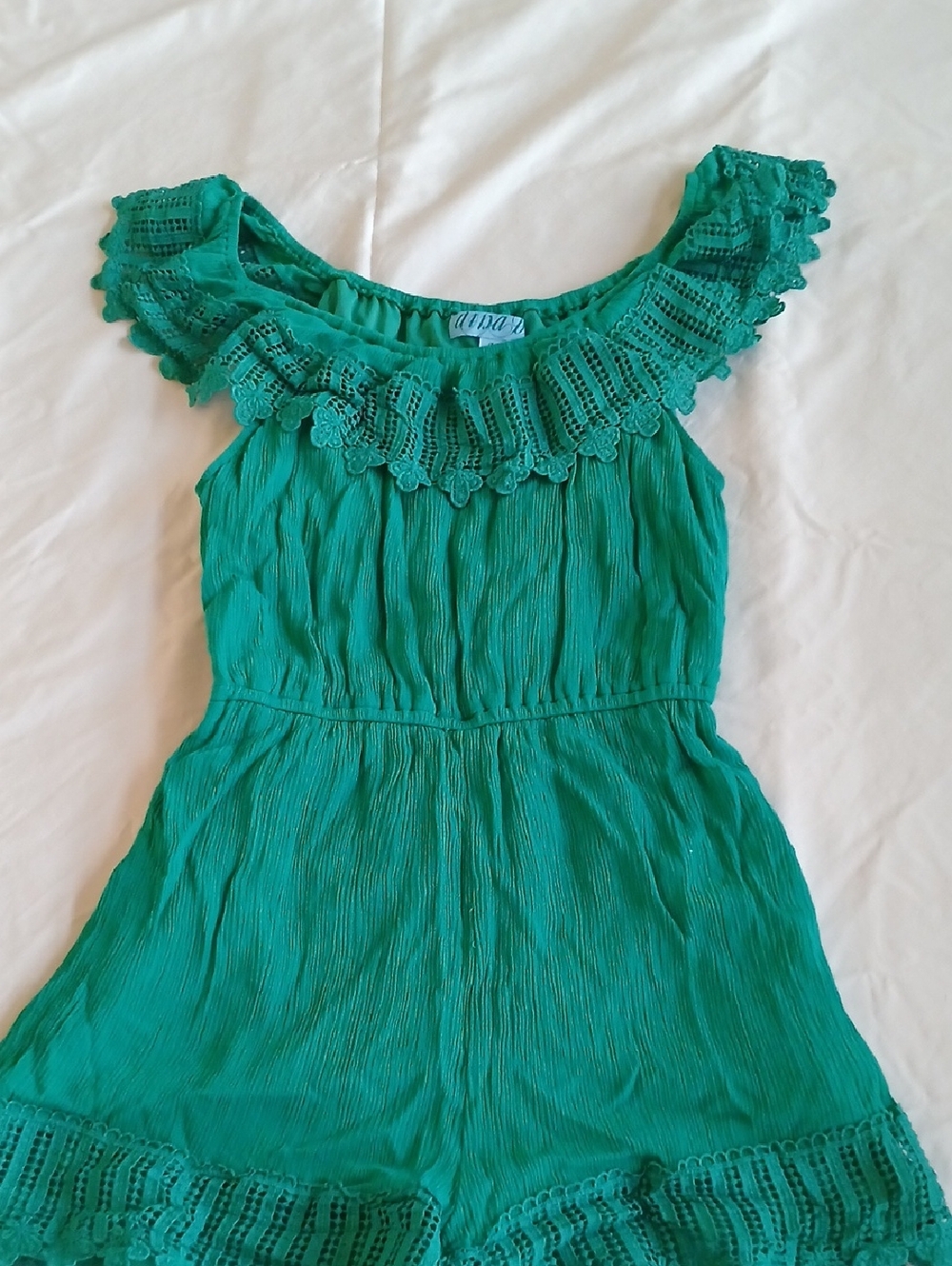 Green Off-Shoulder Lace Trim Romper